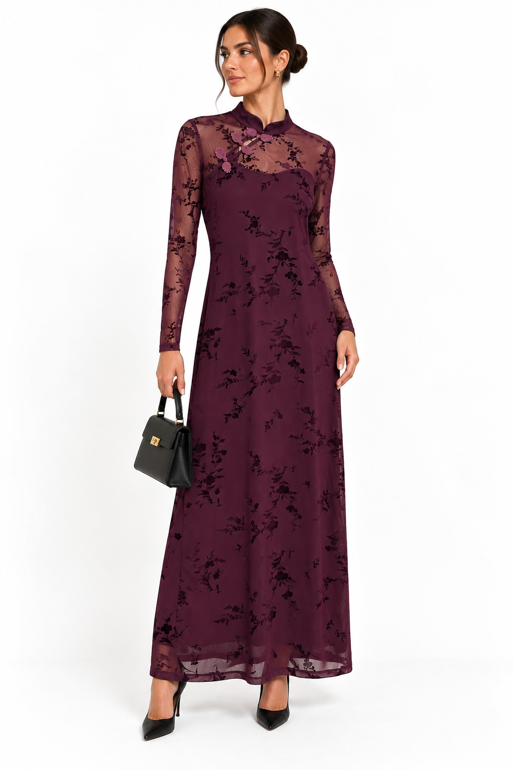 Vestido Tul Flocado con Cuello Mao