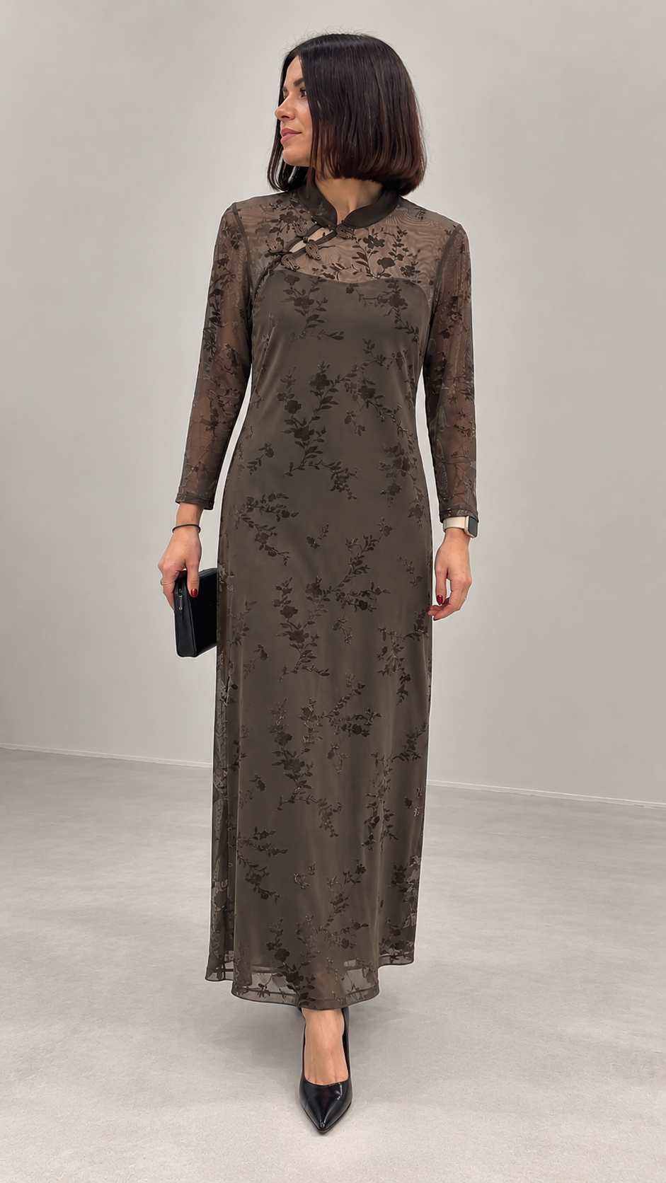 Vestido Tul Flocado con Cuello Mao