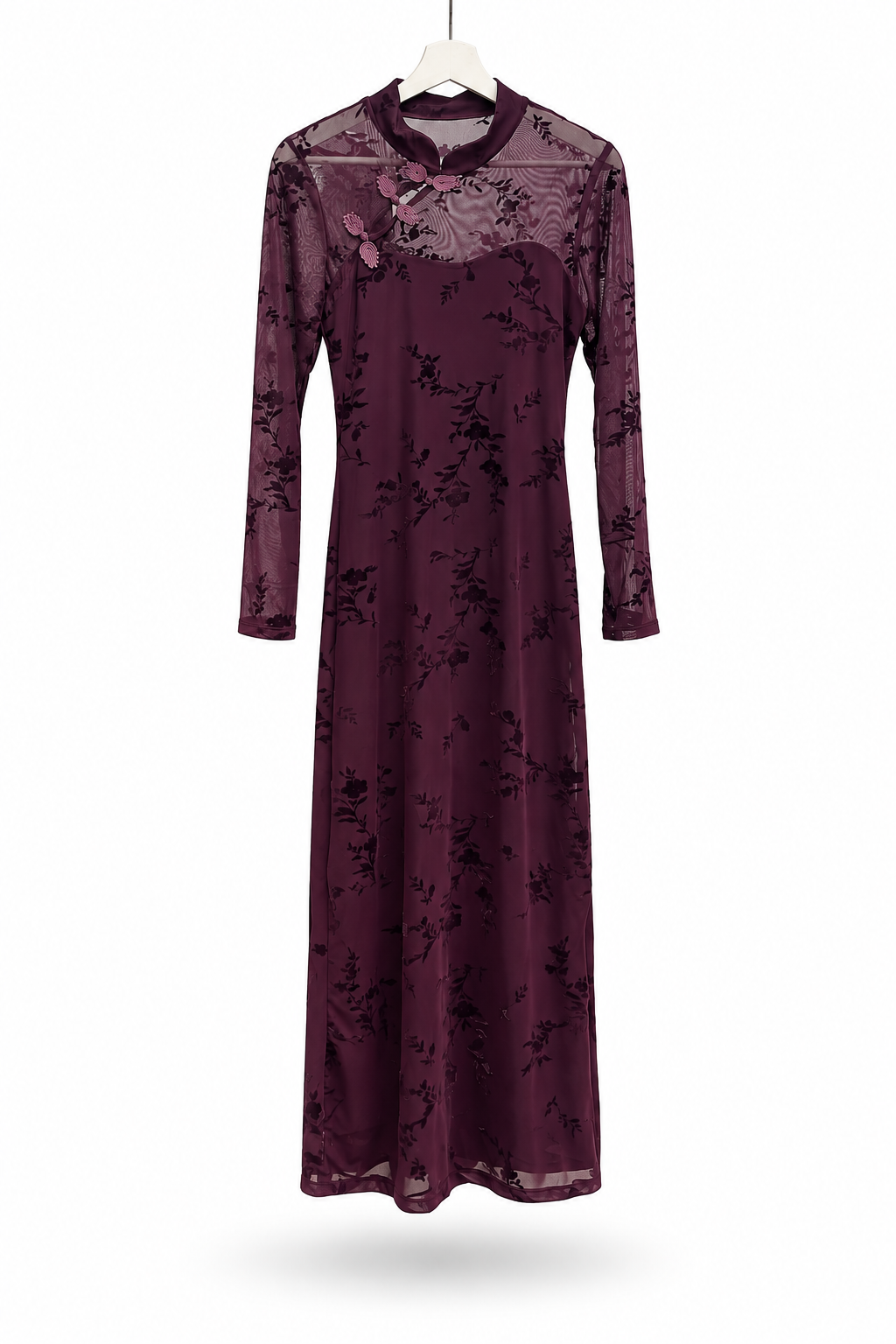 Vestido burdeos Élodie de Tul Flocado con Cuello Mao