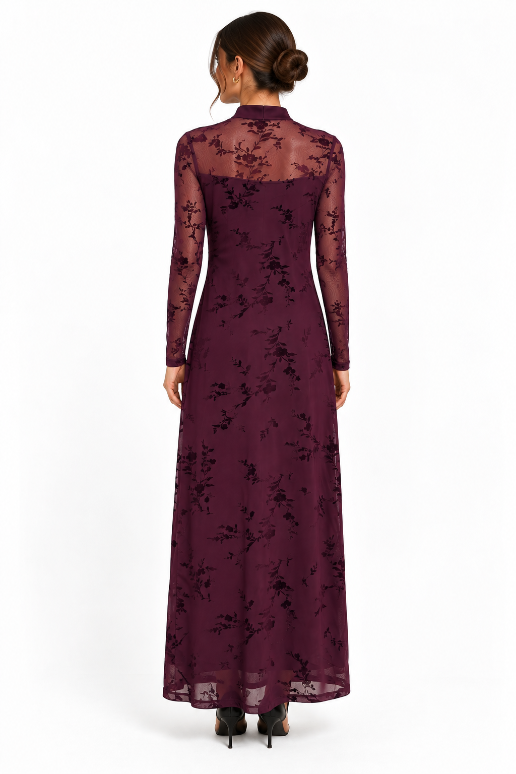 Vestido burdeos Élodie de Tul Flocado con Cuello Mao