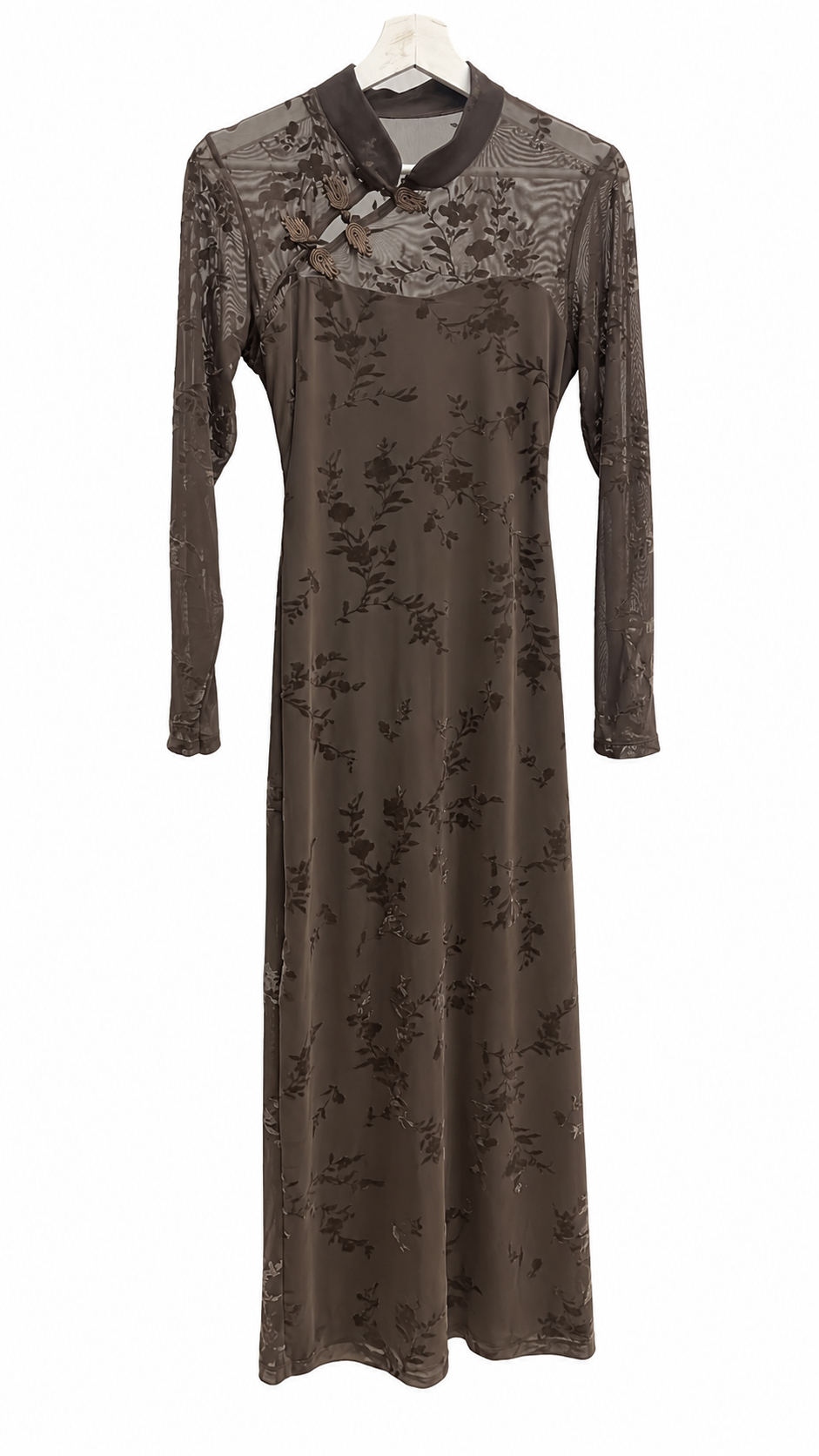 Vestido burdeos Élodie de Tul Flocado con Cuello Mao